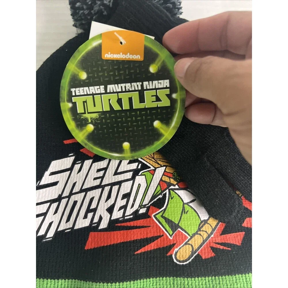 TMNT Shell Shocked Boys Beanie Hat & Gloves Black‎ Pom Pom NEW